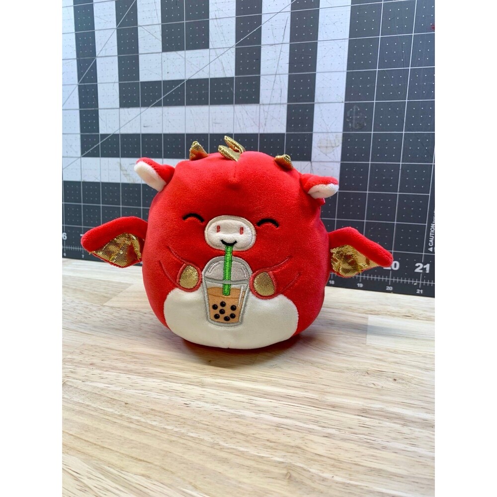 Squishmallows Kellytoy – Baiden the Red Dragon with Boba Plush (5”)